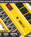 Close-up of Beefy 10 Outlet Heavy Duty Surge Protector Power Strip with Built In Circuit Breaker, yellow design