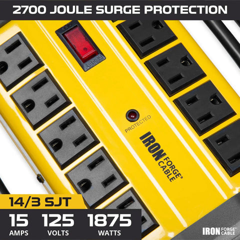 Close-up of Beefy 10 Outlet Heavy Duty Surge Protector Power Strip with Built In Circuit Breaker, yellow design