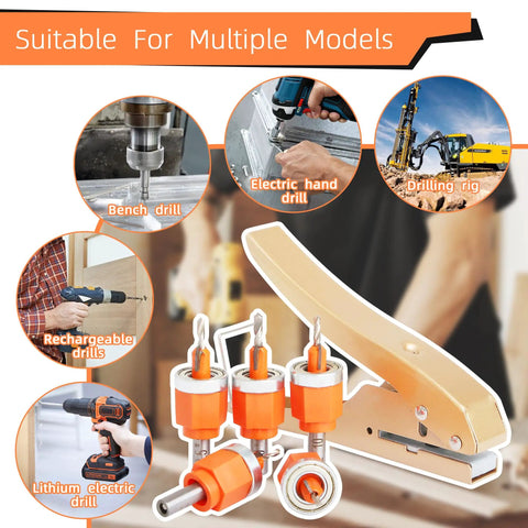 Six Piece Adjustable Depth Countersink Drill Bit Set With Hole Punch with various drill compatibility shown