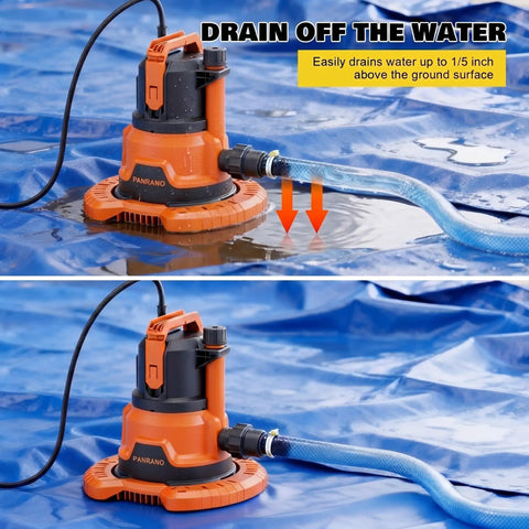 Upgraded Go-To Pool Cover Pump With Dual Outlets 1HP Submersible Sump Pump 3500GPH Beast Portable Water Transfer Pump on tarp