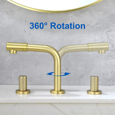 8 Inch Widespread Bathroom Faucet with 360 Degree Swivel Spout and Nozzle, Brushed Gold Finish, Dual Handle 3 Hole Sink Faucet shown