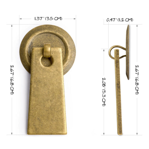 Art Deco Leaf Brass Cabinet Pulls 2.7 Inch Set Of 2 For Furniture And Interior Design Projects, side view with dimensions