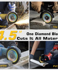 Total Game Changer 4.5 Inch Diamond Saw Blades For Angle Grinders Heavy Duty Cut Off Wheels That Go Through Tile Concrete Metal And Masonry Like Butter 3 Pack 7/8 Inch Arbor in action on metal, tile, marble, and PVC.