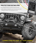 Vcyopn 12V 24V Wireless Winch Remote Control Kit, showing IP65 rated receiver on Jeep engine area with winch.