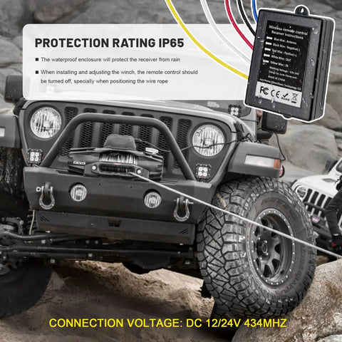 Vcyopn 12V 24V Wireless Winch Remote Control Kit, showing IP65 rated receiver on Jeep engine area with winch.