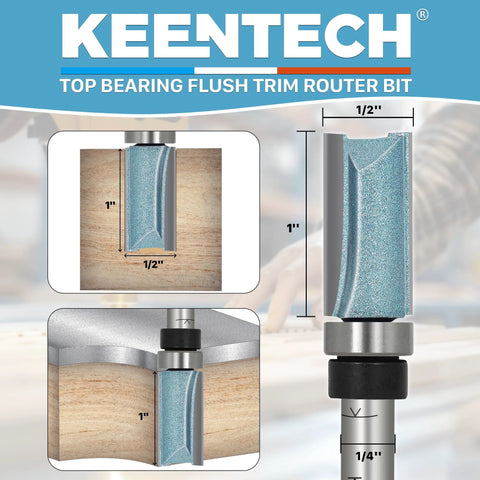 KEENTECH top-bearing flush-trim router bit with carbide tip, 1/2 in dia, 1 in depth, 1/4 in shank front view