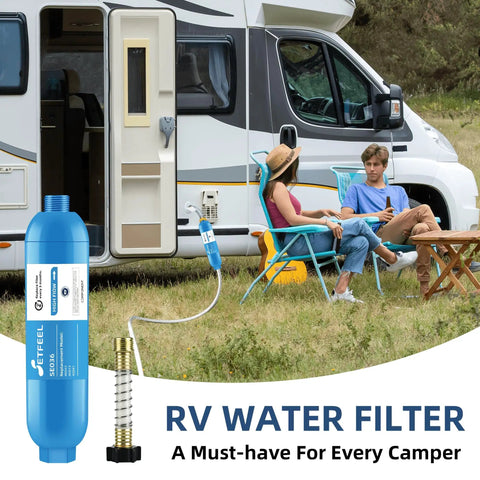 Rv Inline Water Filter For Campers And Trailers With Flex Hose Guards NSF Certified installed near two campers enjoying outdoors.
