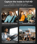 Collage showing diverse uses of a three channel dash cam: ride-sharing, parental monitoring, professional drivers, road trips.
