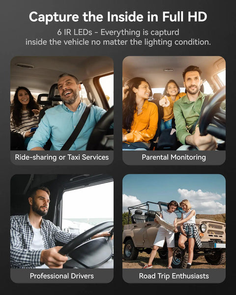 Collage showing diverse uses of a three channel dash cam: ride-sharing, parental monitoring, professional drivers, road trips.