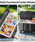 100 Quart Outdoor Cooler With Divider For Parties, Patio Ice Chest On Wheels, showing vertical and horizontal dividers for drinks and food.