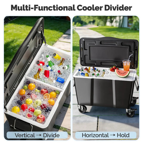 100 Quart Outdoor Cooler With Divider For Parties, Patio Ice Chest On Wheels, showing vertical and horizontal dividers for drinks and food.