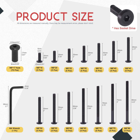 Durable M6 Hex Drive Socket Cap Bolts Kit With Countersunk Round Heads, Black Zinc Coated Fasteners for Furniture Hardware, 140Pcs