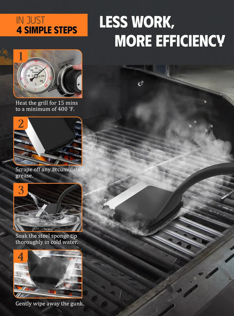 Bristle Free Grill Brush With Five Replacement Heads For Cast Iron And Stainless Steel Grates Safe Outdoor BBQ Scraper cleaning steps.