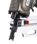 Close-up of 21 Degree Full Round Head Framing Nailer with tool-free depth adjustment mechanism and aluminum body.