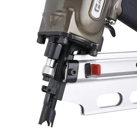 Close-up of 21 Degree Full Round Head Framing Nailer with tool-free depth adjustment mechanism and aluminum body.