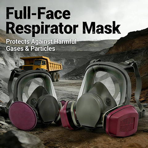 Full Face Reusable Respirator Mask Set Pro Grade With Wide Angle Anti Fog Lenses For Painting Welding Sanding Woodworking Construction And DIY Spraying Dust And Gas Protection shown on rocky terrain
