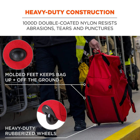 Person pulling Arsenal 5005W Large Nylon Rolling Firefighter Rescue Turnout Gear Bag with Molded Feet and Heavy-Duty Wheels