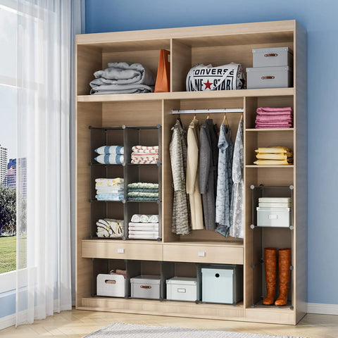 Wooden closet organizer with shelves, hanging rod, and storage boxes; clothes, towels, and shoes displayed neatly in a bedroom setting.