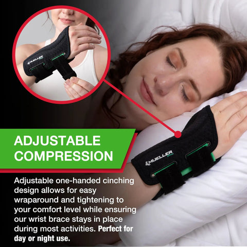 Woman wearing a black fitted wrist brace for pain relief and solid support with carpal tunnel tendonitis and arthritis one-hand cinch adjustment.