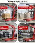 Heavy Duty Folding Hydraulic Engine Hoist Two Ton Portable Garage Cherry Picker lifting a wooden pallet in a warehouse.