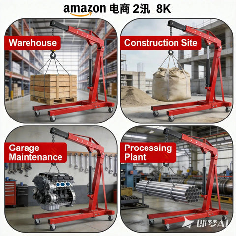 Heavy Duty Folding Hydraulic Engine Hoist Two Ton Portable Garage Cherry Picker lifting a wooden pallet in a warehouse.