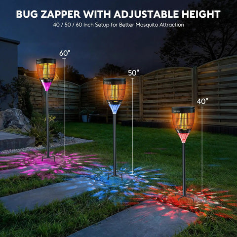 Three 3 In 1 Bug Zapper For Outdoors Solar Powered With Realistic Flame Light And RGB Projector installed in garden setting.