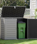 Horizontal Outdoor Storage Shed With Double Lockable Doors 4.6 Ft By 4.1 Ft Resin Construction Water Resistant Garbage Can Inside