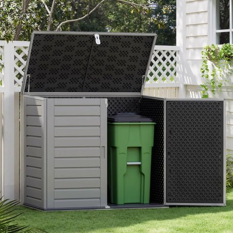 Horizontal Outdoor Storage Shed With Double Lockable Doors 4.6 Ft By 4.1 Ft Resin Construction Water Resistant Garbage Can Inside