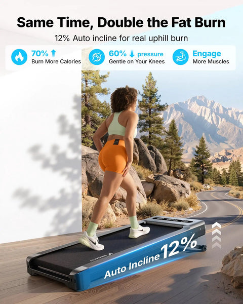 Heavy Duty Under Desk Walking Pad Treadmill With Auto Incline Smooth Glide Motor For Your Home Office Setup, person walking on treadmill with incline.