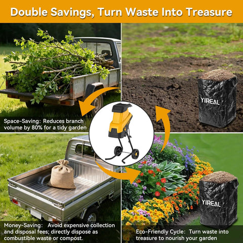 Image demonstrating benefits of the Upgraded Three-Blade Electric Wood Chipper Shredder with 15 Amp Motor and 45L bag.