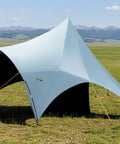All Weather Camping Canopy Tarp with Poles and Sun Shade Shelter setup on grassy field, spacious shade, gray