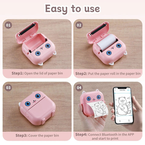 Dope Mini Sticker Printer And Portable Bluetooth Inkless Thermal Photo Maker With Pink Cat Design, showing easy steps for use.