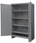 Extra Heavy Duty All Welded Steel Storage Cabinet Built Like A Tank Lockable Pegboard Tool Organizer featuring open doors and four shelves.