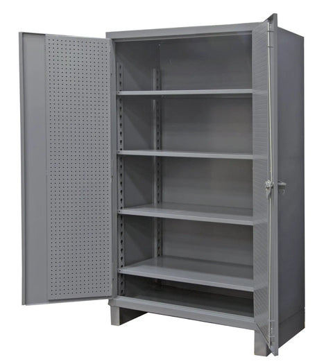 Extra Heavy Duty All Welded Steel Storage Cabinet Built Like A Tank Lockable Pegboard Tool Organizer featuring open doors and four shelves.