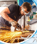 Man wearing Six Pack Clear Safety Glasses Eyewear Set For Work Lab And Construction ANSI Z87.1 Eye Protection using grinder