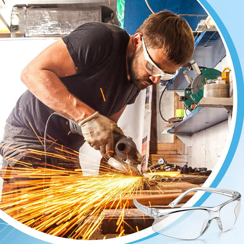 Man wearing Six Pack Clear Safety Glasses Eyewear Set For Work Lab And Construction ANSI Z87.1 Eye Protection using grinder