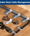 50 Pack Hook And Loop Cable Ties For Under Desk Cable Management securing cables neatly on a wooden desk surface.