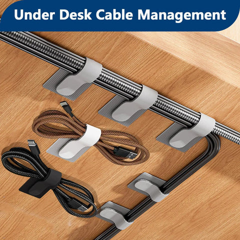 50 Pack Hook And Loop Cable Ties For Under Desk Cable Management securing cables neatly on a wooden desk surface.