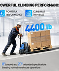 Heavy Duty Electric Pallet Jack With A Massive 4,400 Lbs Load Capacity moving pallets in a warehouse with steep incline.