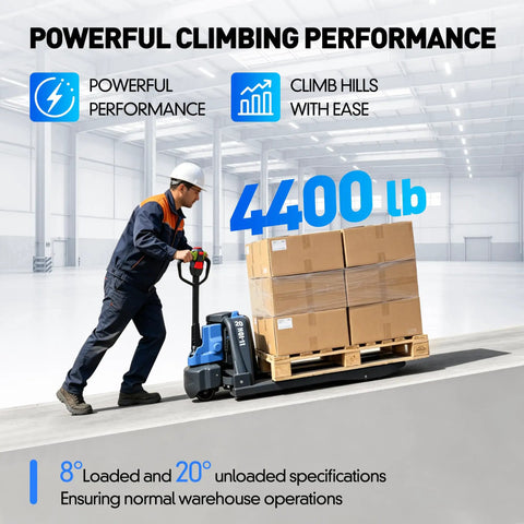 Heavy Duty Electric Pallet Jack With A Massive 4,400 Lbs Load Capacity moving pallets in a warehouse with steep incline.