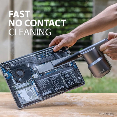 Ultra Electric Air Duster Blower for PC and Electronics Cleanup used on open laptop showing fast no contact cleaning