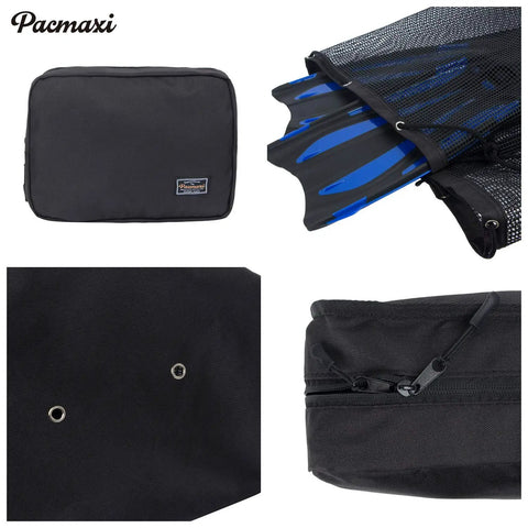 Oversized Mesh Scuba Diving Bag for Snorkeling Gear and Equipment, black with fins visible, showing durable material and zipper details.