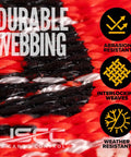 Durable webbing texture of Heavy Duty Red Flat Hook Ratchet Straps Come In A 30 Foot Four Pack designed for weather resistance.