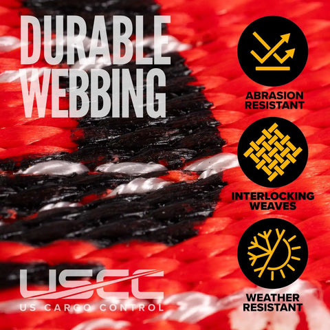 Durable webbing texture of Heavy Duty Red Flat Hook Ratchet Straps Come In A 30 Foot Four Pack designed for weather resistance.