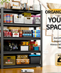 Heavy Duty Steel Garage Shelving Unit 48 Inch Wide Five Shelf Storage Rack Ideal For Tools Bins And Heavy Equipment, staged in a home setting with various stored items, emphasizing organization.