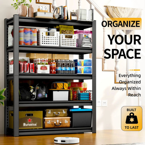Heavy Duty Steel Garage Shelving Unit 48 Inch Wide Five Shelf Storage Rack Ideal For Tools Bins And Heavy Equipment, staged in a home setting with various stored items, emphasizing organization.