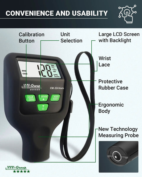 Car Paint Thickness Gauge With 0.1 Micron Resolution, Ready To Use Digital Coating Meter For Auto Inspections, Detects Fe, Al And Zn, Factory Calibrated, Fast Accurate Readings, Large Backlit LCD Display, Ideal For Bodywork Checks; black handheld unit with wrist strap