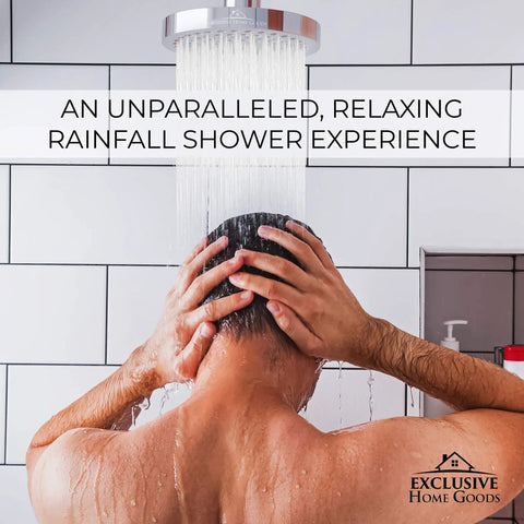 Person enjoying the Deluxe Chrome Rainfall Shower Head With 6 Inch Diameter, High-Pressure Jets, Anti-Clog Silicone Nozzles, 2.5 GPM Flow