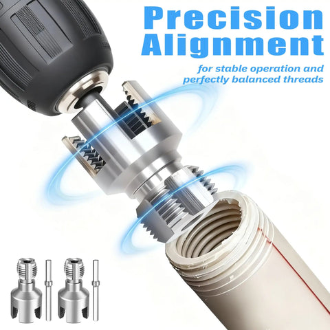 2-In-1 PVC Pipe Threader Kit With Internal And External Dies For One-Half And Three-Quarter Inch Pipes, Drill Compatible