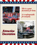 Vintage cars with Patriotic Fourth Of July Giant Hat Golf Cart Decoration Set with red, white, blue star tinsel on hoods.